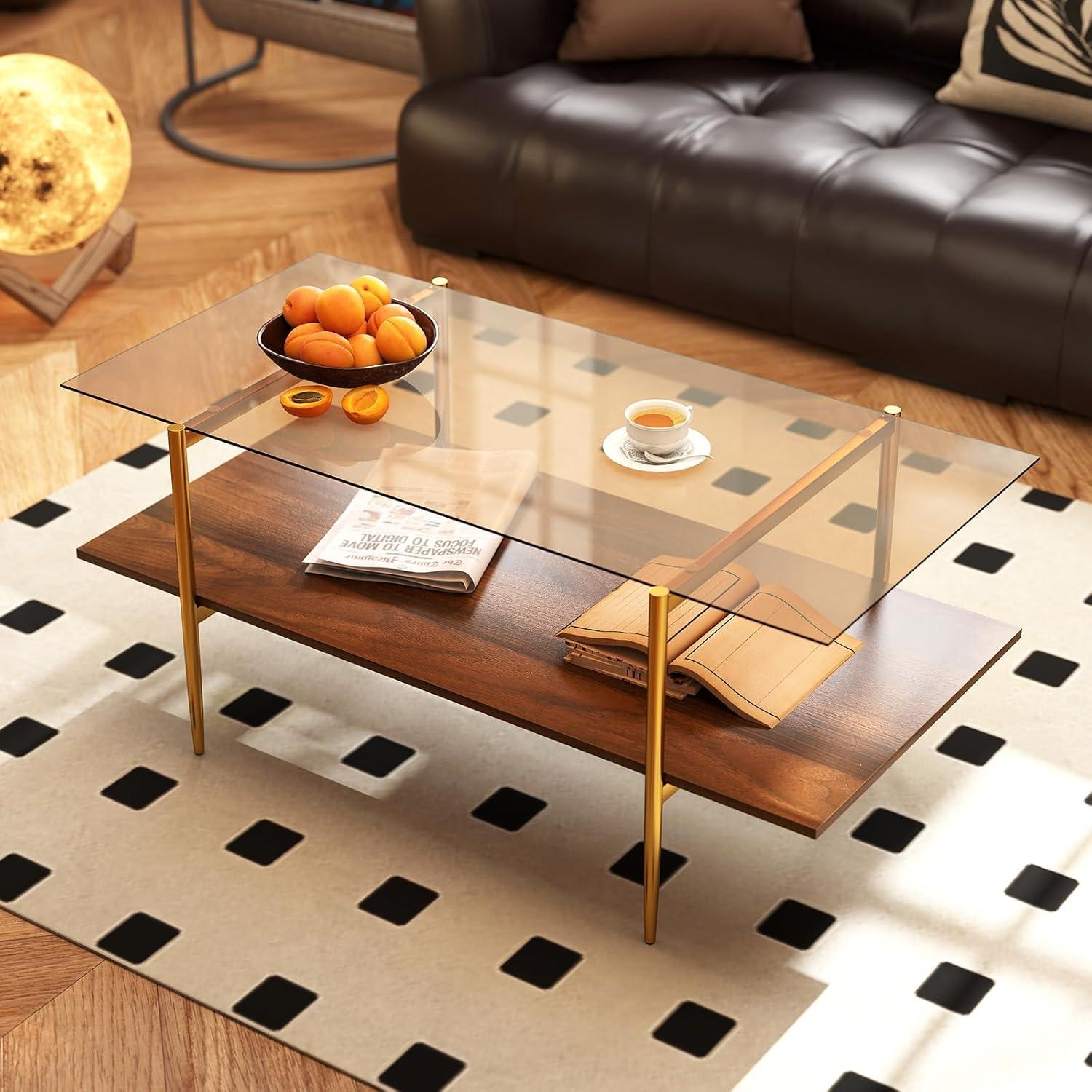 image:imageGiantex Glass Coffee Table Mid Century Modern Center Table with Amber Tampered Glass Tabletop Walnut Storage Shelf amp Golden Legs 2Tier Rectangle Coffee Tables for Living Room Brown