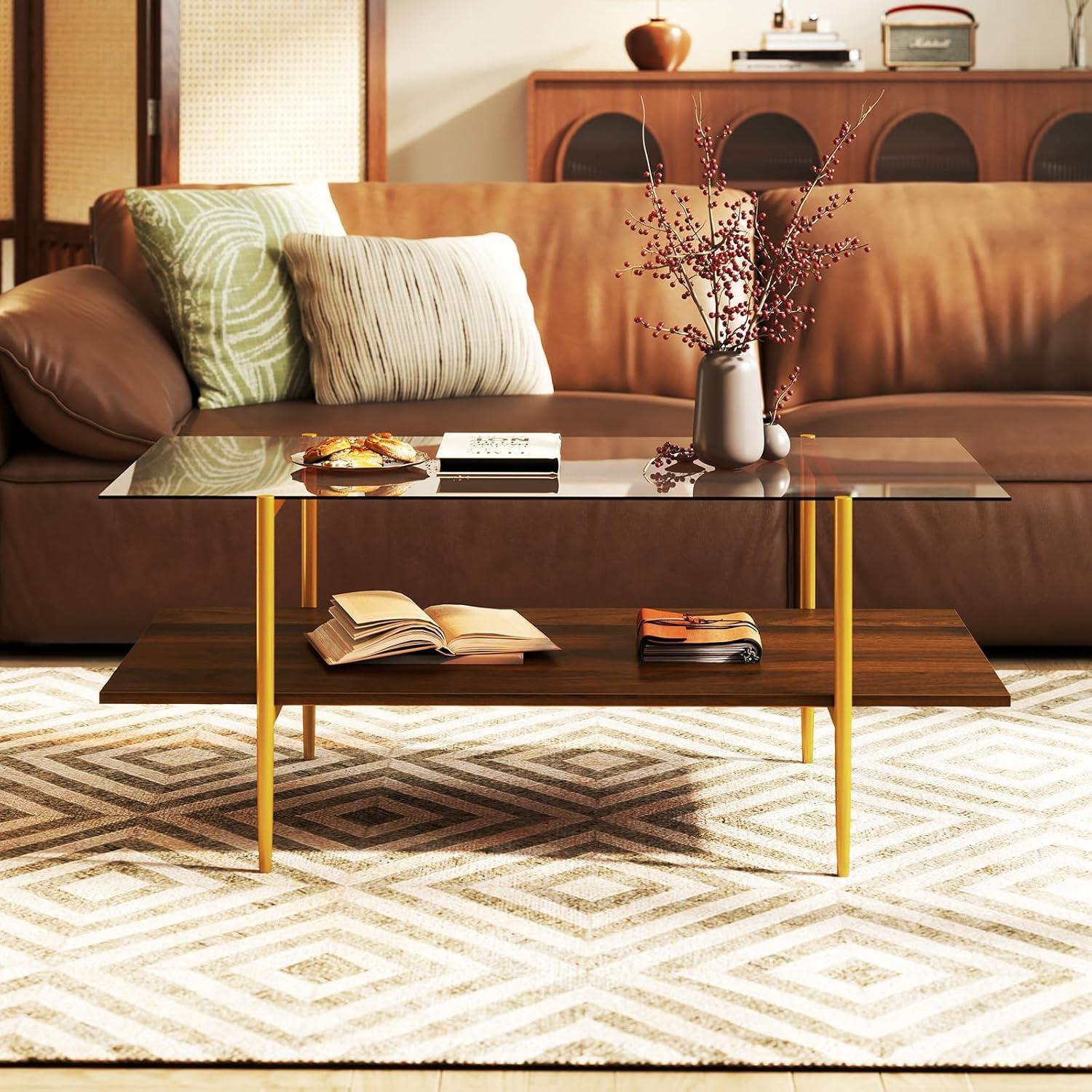 image:imageGiantex Glass Coffee Table Mid Century Modern Center Table with Amber Tampered Glass Tabletop Walnut Storage Shelf amp Golden Legs 2Tier Rectangle Coffee Tables for Living Room Brown