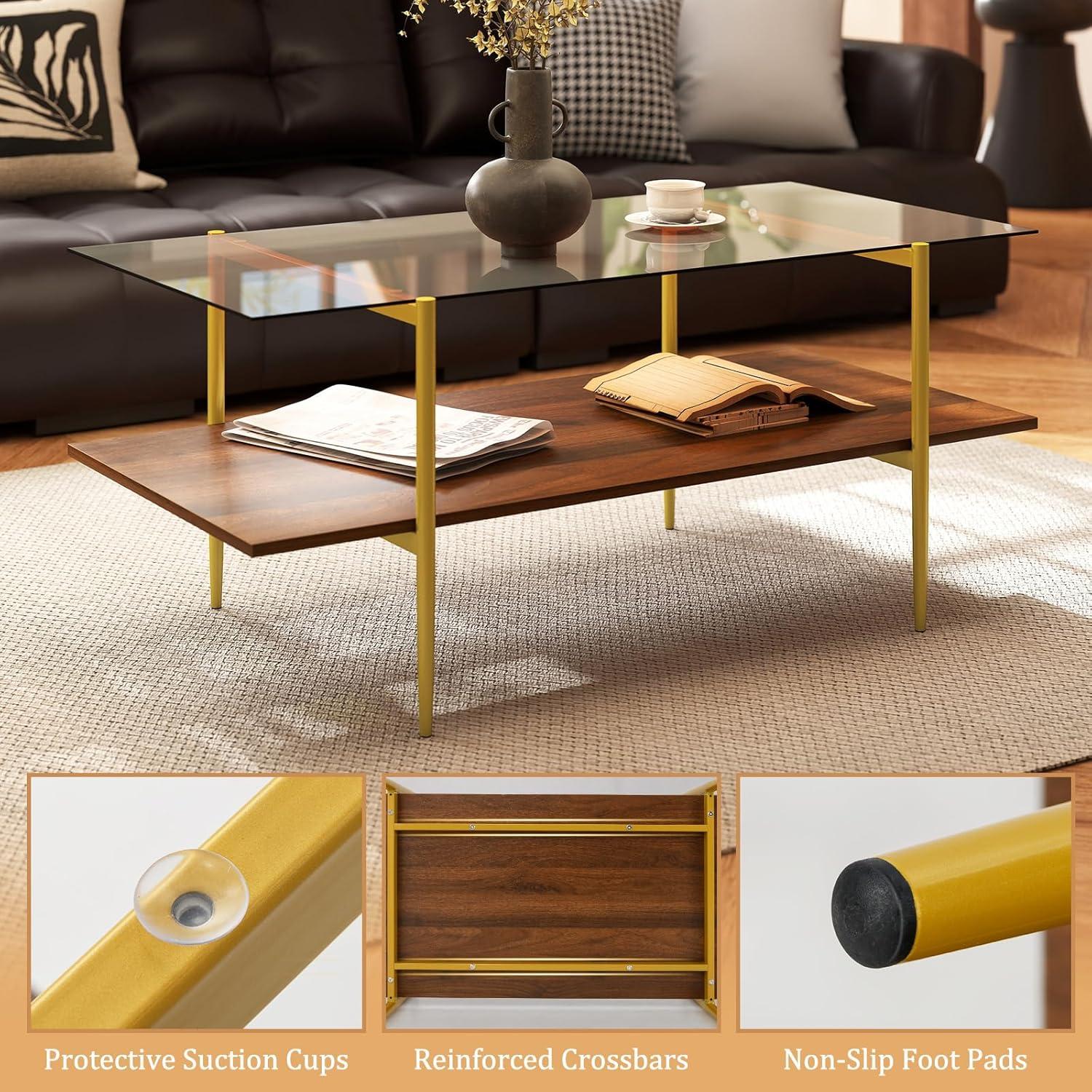 image:imageGiantex Glass Coffee Table Mid Century Modern Center Table with Amber Tampered Glass Tabletop Walnut Storage Shelf amp Golden Legs 2Tier Rectangle Coffee Tables for Living Room Brown
