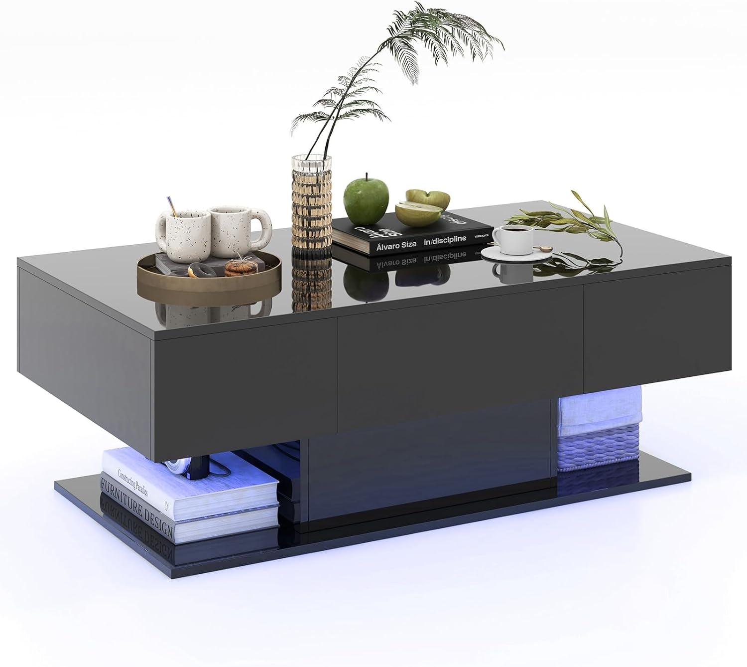 image:imageGiantex Modern LED Coffee Table 2Tier Center Table w 2 Storage Drawers Adjustable Brightness amp Speed 20Color Light 435L Rectangular HighGloss Finished Table for Living Room BlackBlack