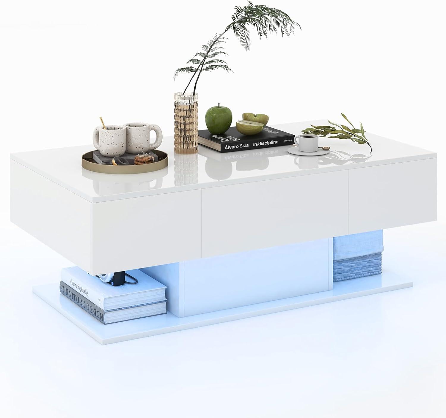 image:imageGiantex Modern LED Coffee Table 2Tier Center Table w 2 Storage Drawers Adjustable Brightness amp Speed 20Color Light 435L Rectangular HighGloss Finished Table for Living Room BlackWhite
