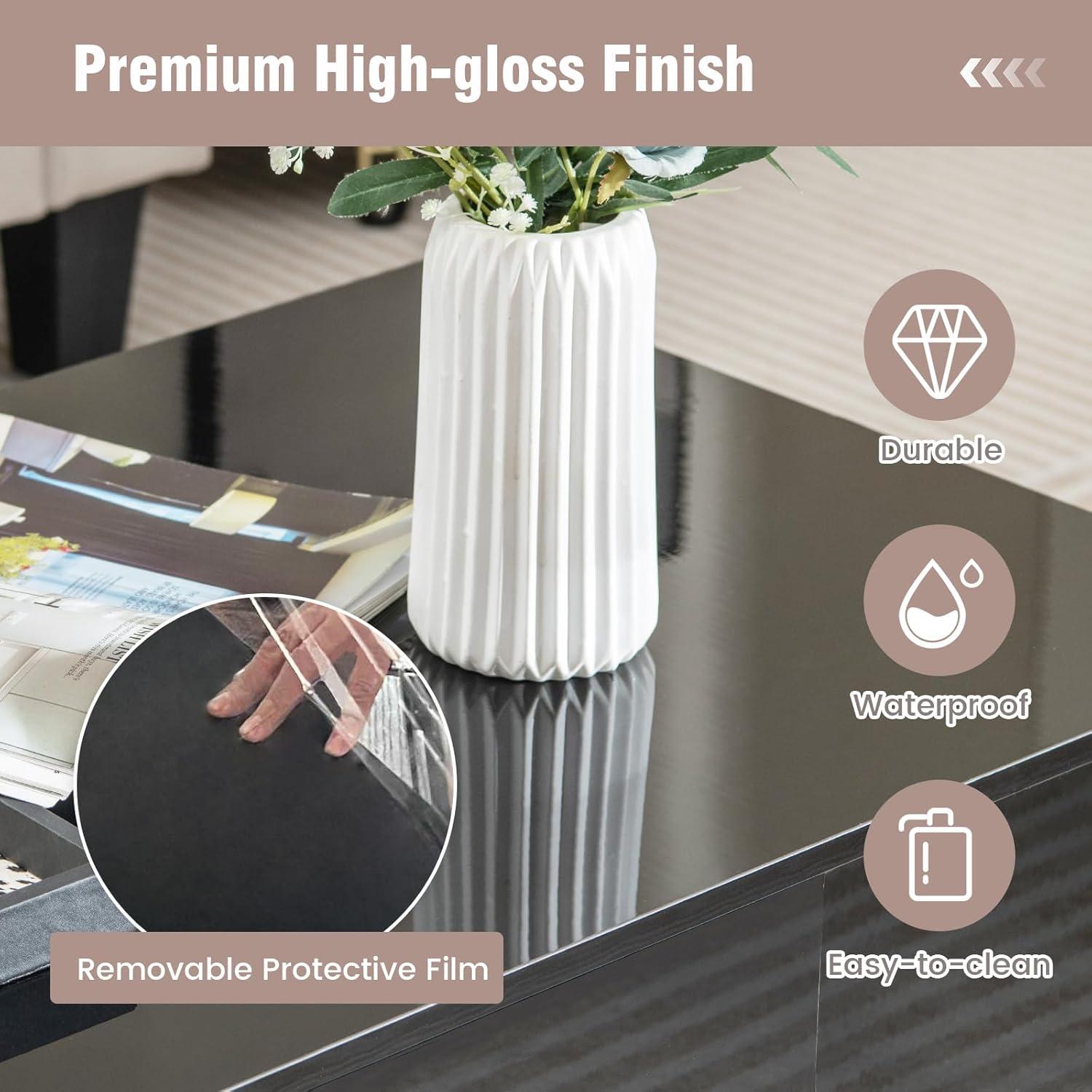 image:imageGiantex Modern LED Coffee Table 2Tier Center Table w 2 Storage Drawers Adjustable Brightness amp Speed 20Color Light 435L Rectangular HighGloss Finished Table for Living Room BlackBlack