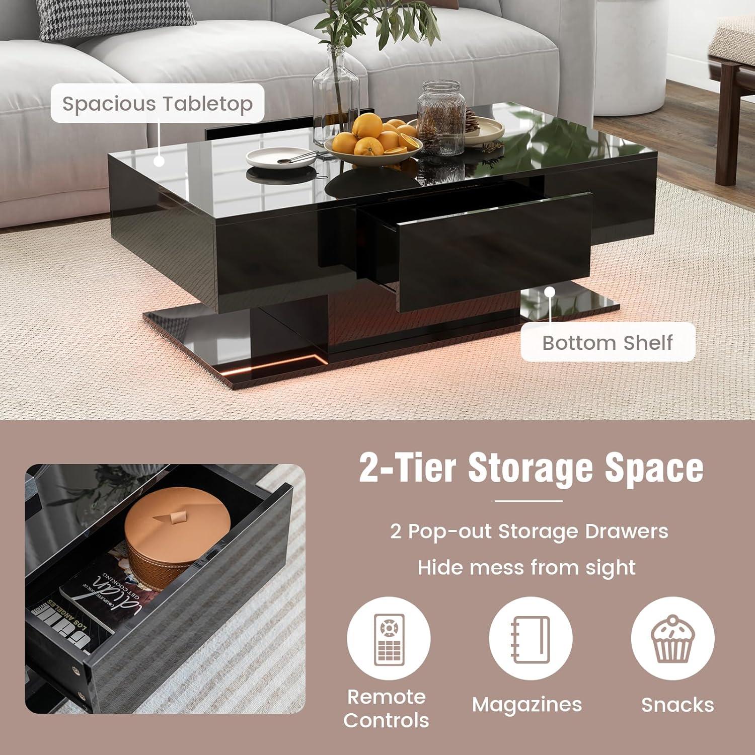 image:imageGiantex Modern LED Coffee Table 2Tier Center Table w 2 Storage Drawers Adjustable Brightness amp Speed 20Color Light 435L Rectangular HighGloss Finished Table for Living Room BlackBlack