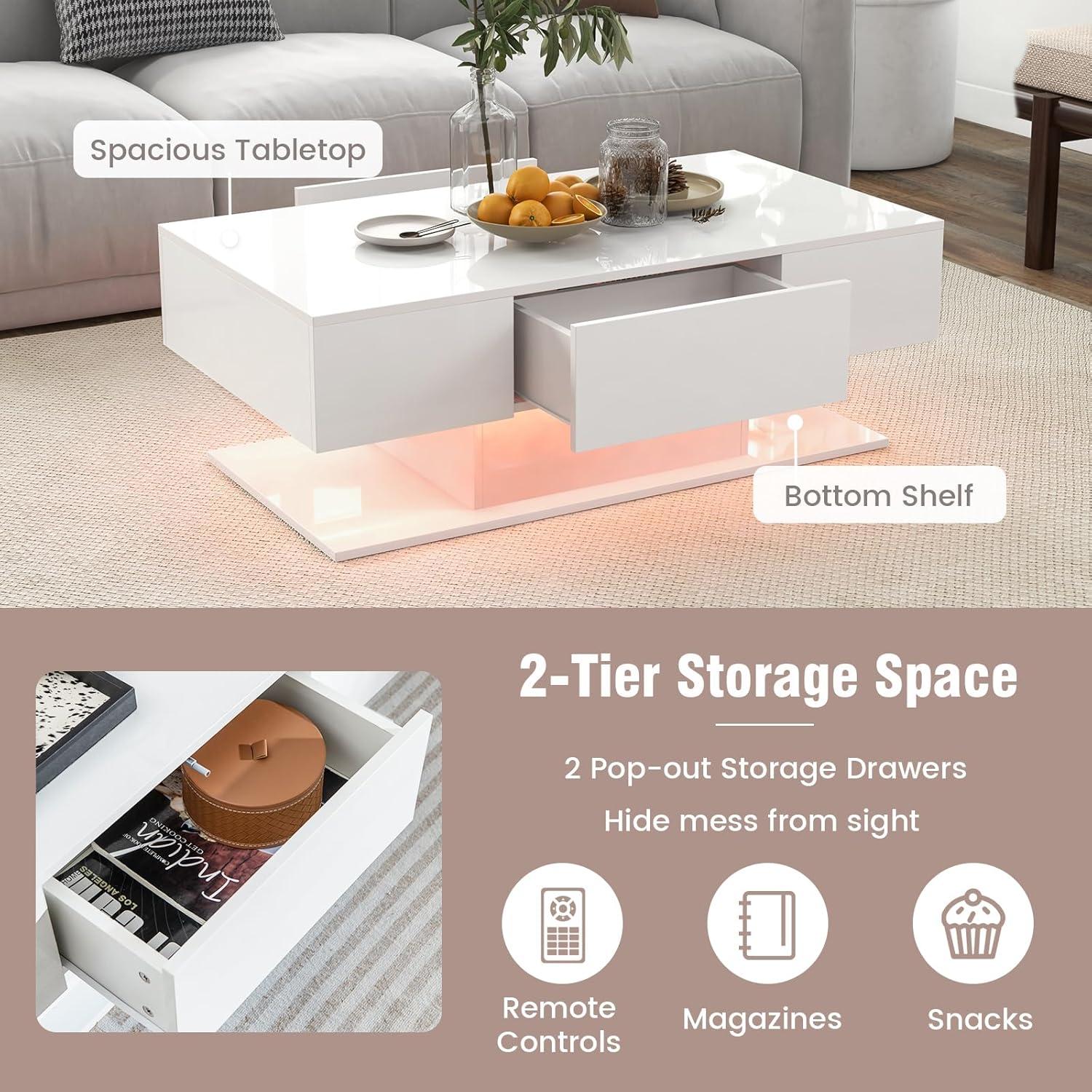 image:imageGiantex Modern LED Coffee Table 2Tier Center Table w 2 Storage Drawers Adjustable Brightness amp Speed 20Color Light 435L Rectangular HighGloss Finished Table for Living Room BlackWhite