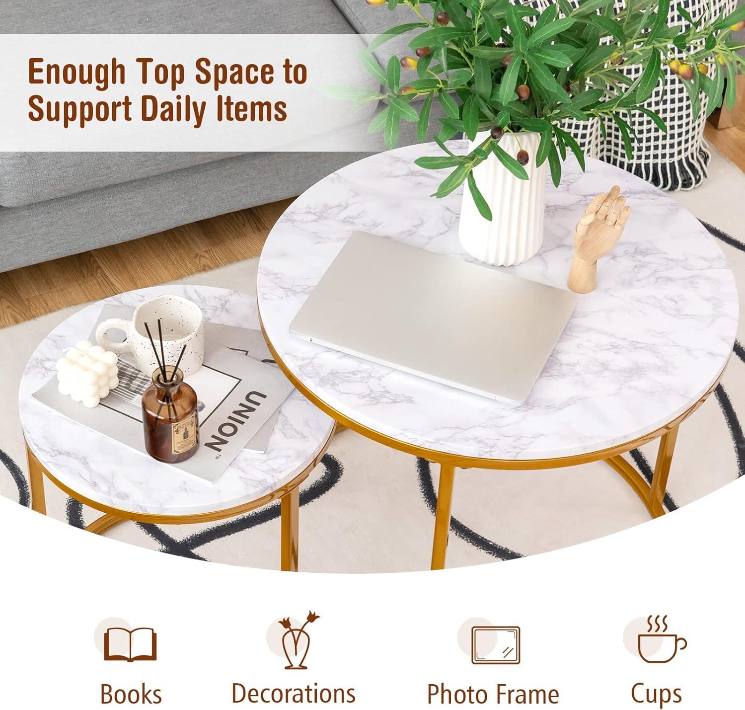 image:imageGiantex Nesting Coffee Table Set of 2 Round Stacking Side Tables with Wooden Tabletop amp Powder Coated Steel Frame Space Saving Vintage End Tables for Living Room Balcony Office GoldenGolden