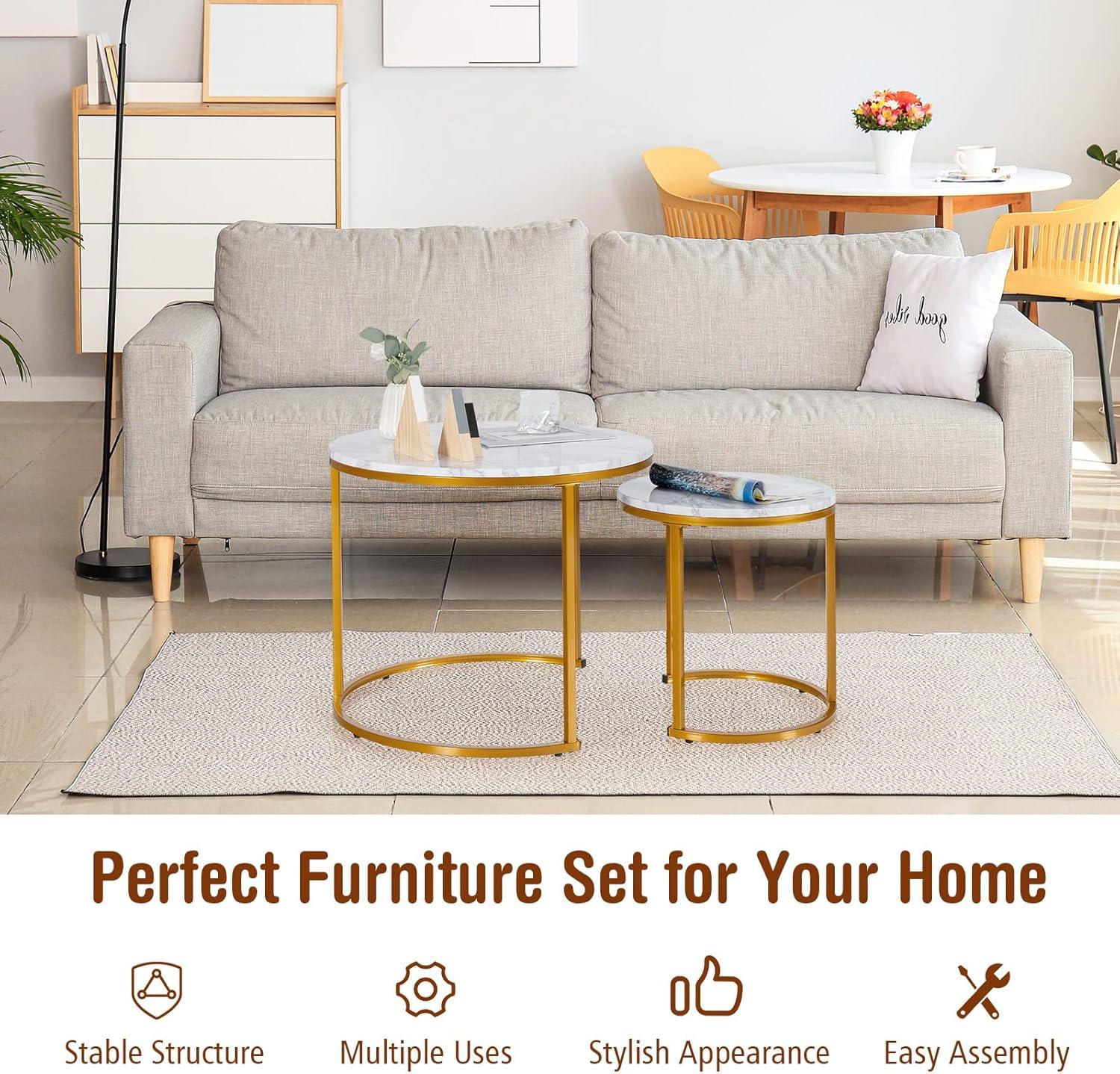 image:imageGiantex Nesting Coffee Table Set of 2 Round Stacking Side Tables with Wooden Tabletop amp Powder Coated Steel Frame Space Saving Vintage End Tables for Living Room Balcony Office GoldenGolden