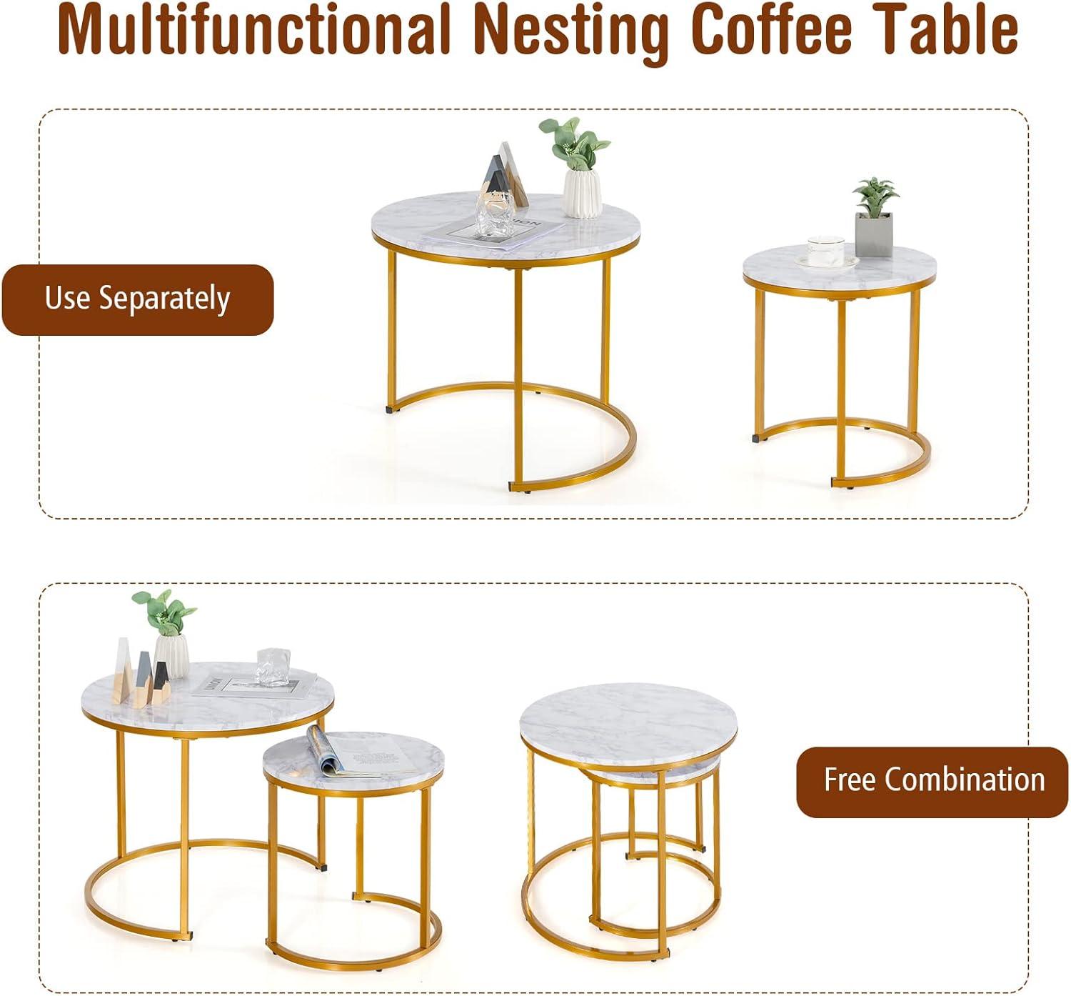 image:imageGiantex Nesting Coffee Table Set of 2 Round Stacking Side Tables with Wooden Tabletop amp Powder Coated Steel Frame Space Saving Vintage End Tables for Living Room Balcony Office GoldenGolden