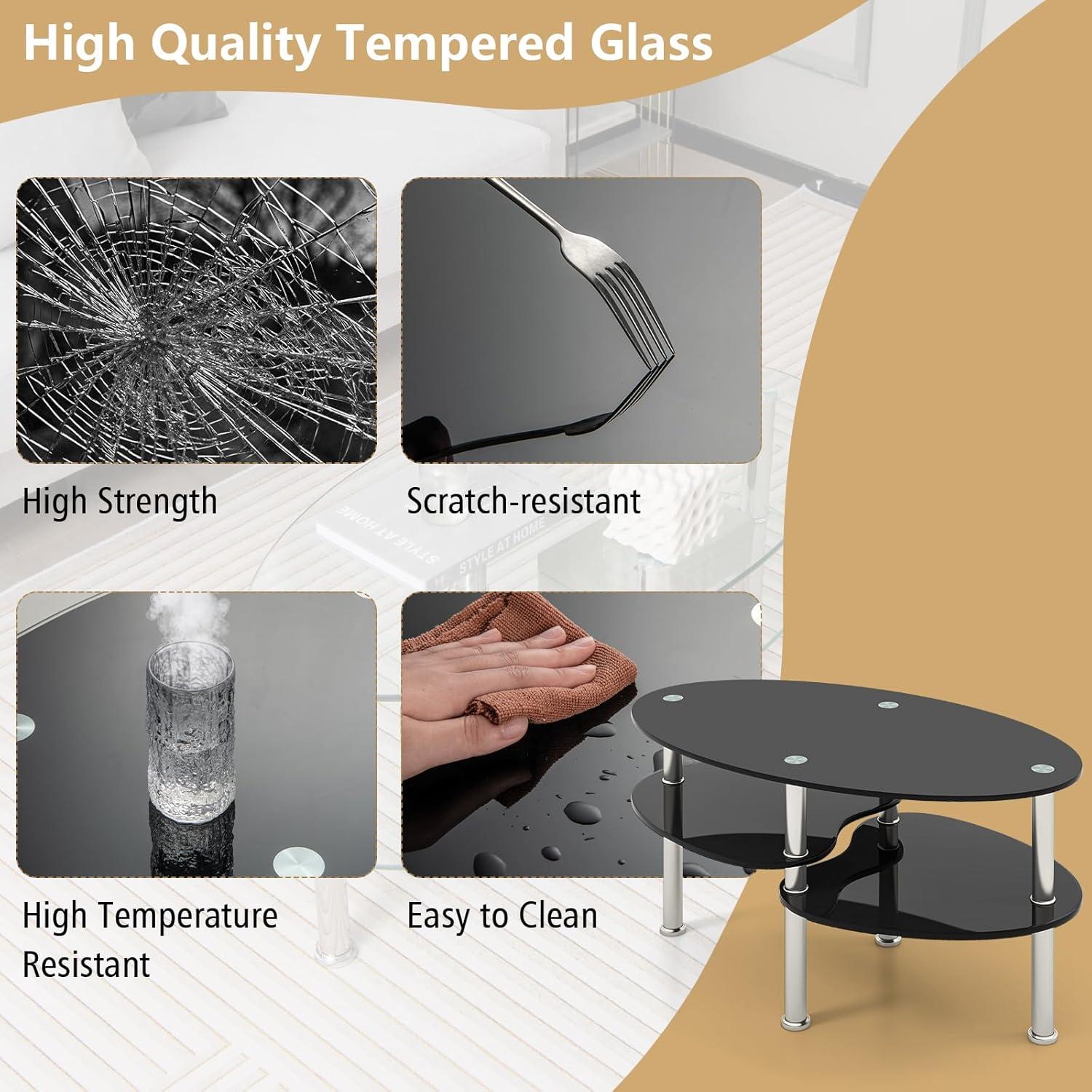 image:imageGiantex Oval Glass Coffee Table 3Tier Transparent Tempered Glass Table WSturdy Chrome Plated Legs Small Sofa Side Table End Table for Living Room Bedroom Office 35 20 18 ClearBlack