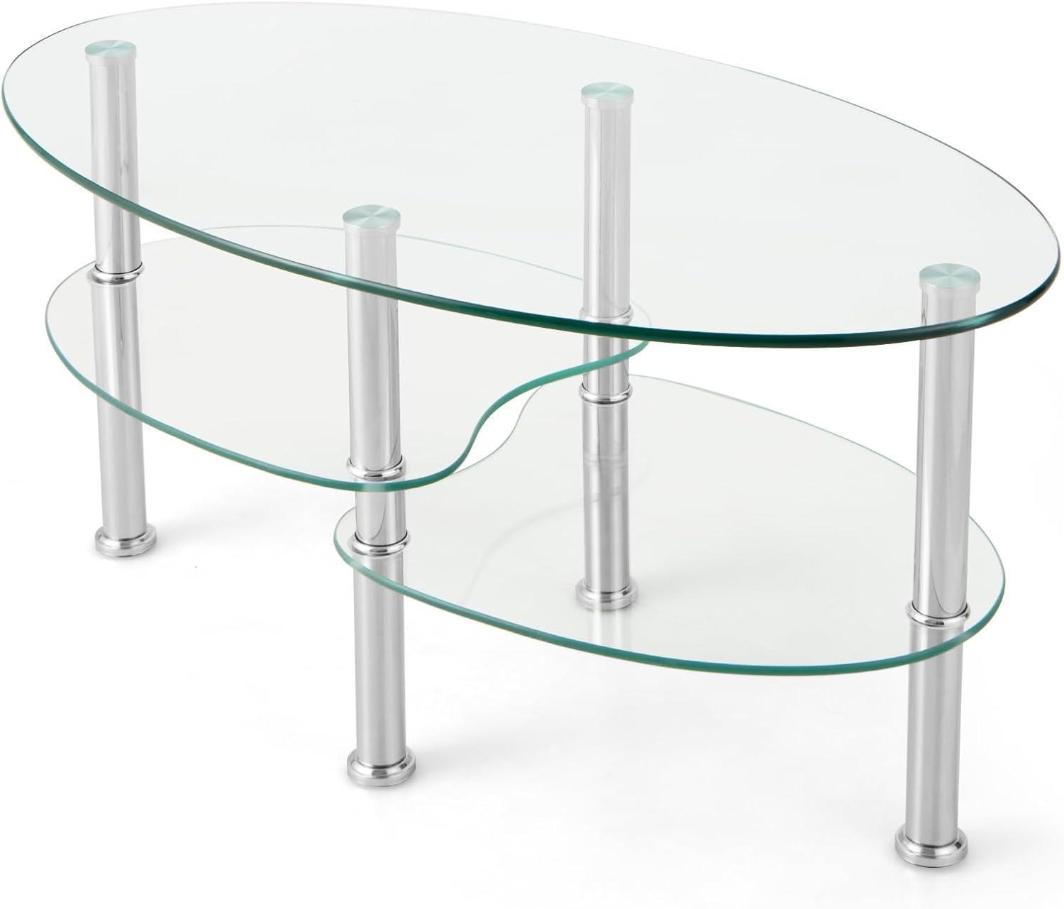 image:imageGiantex Oval Glass Coffee Table 3Tier Transparent Tempered Glass Table WSturdy Chrome Plated Legs Small Sofa Side Table End Table for Living Room Bedroom Office 35 20 18 ClearClear
