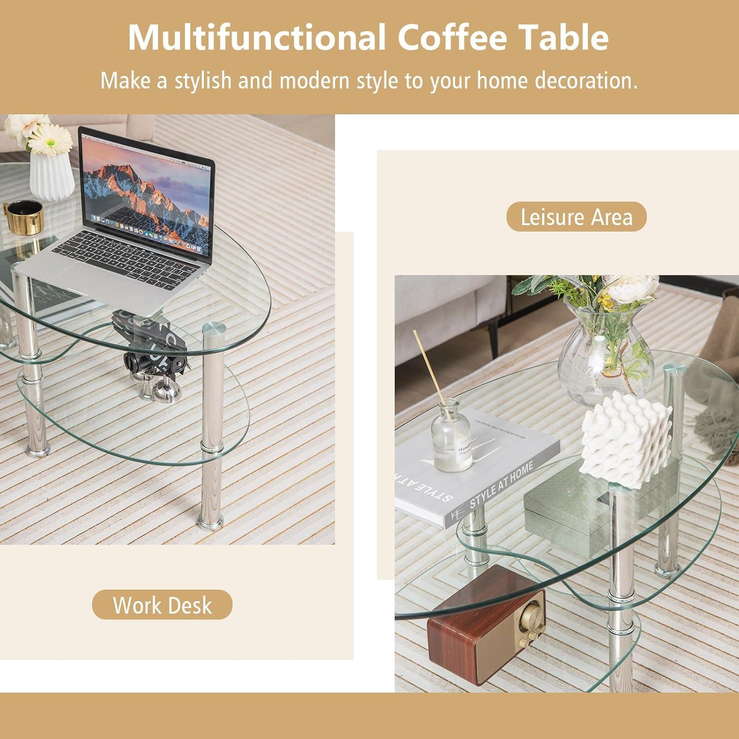 image:imageGiantex Oval Glass Coffee Table 3Tier Transparent Tempered Glass Table WSturdy Chrome Plated Legs Small Sofa Side Table End Table for Living Room Bedroom Office 35 20 18 ClearClear