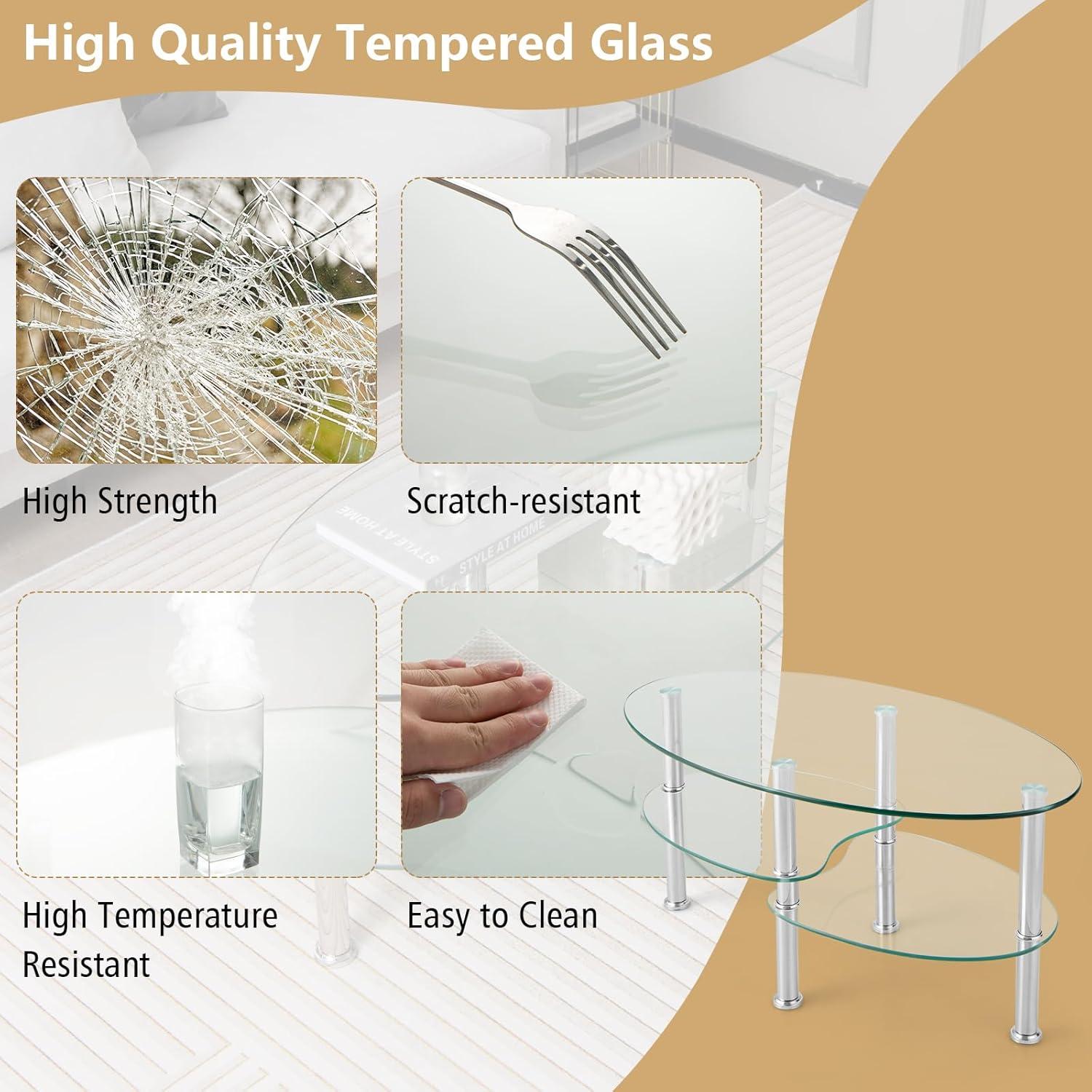 image:imageGiantex Oval Glass Coffee Table 3Tier Transparent Tempered Glass Table WSturdy Chrome Plated Legs Small Sofa Side Table End Table for Living Room Bedroom Office 35 20 18 ClearClear