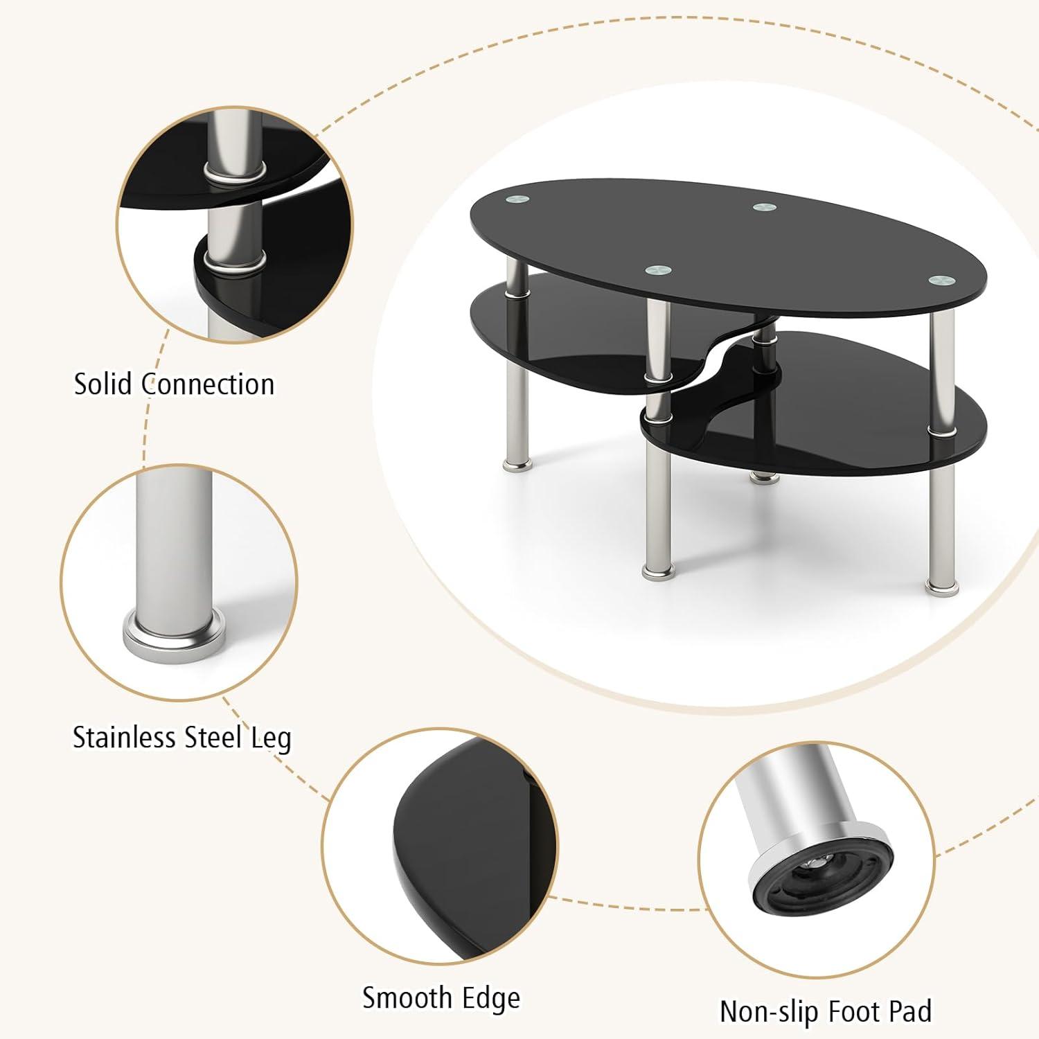 image:imageGiantex Oval Glass Coffee Table 3Tier Transparent Tempered Glass Table WSturdy Chrome Plated Legs Small Sofa Side Table End Table for Living Room Bedroom Office 35 20 18 ClearBlack