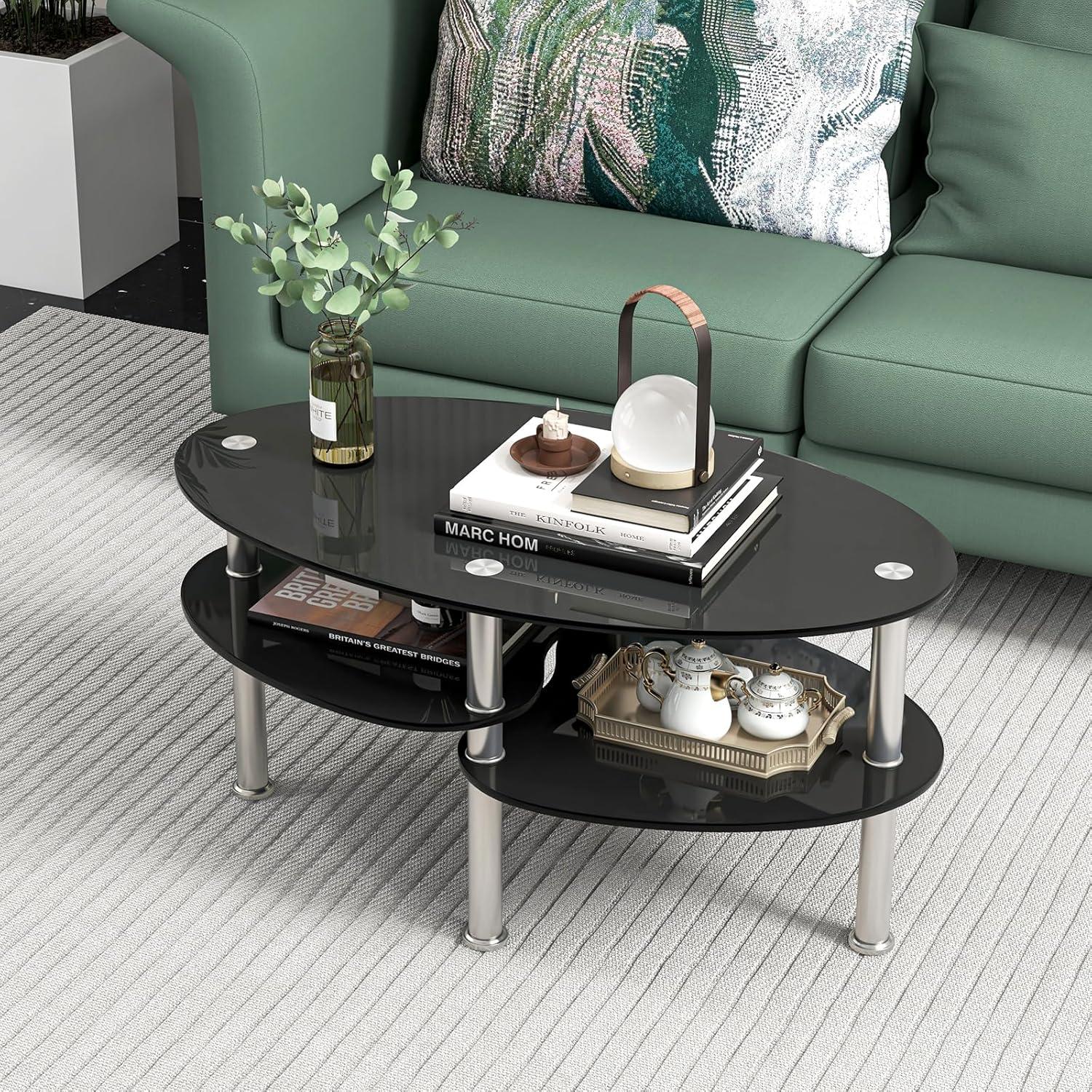 image:imageGiantex Oval Glass Coffee Table 3Tier Transparent Tempered Glass Table WSturdy Chrome Plated Legs Small Sofa Side Table End Table for Living Room Bedroom Office 35 20 18 ClearBlack