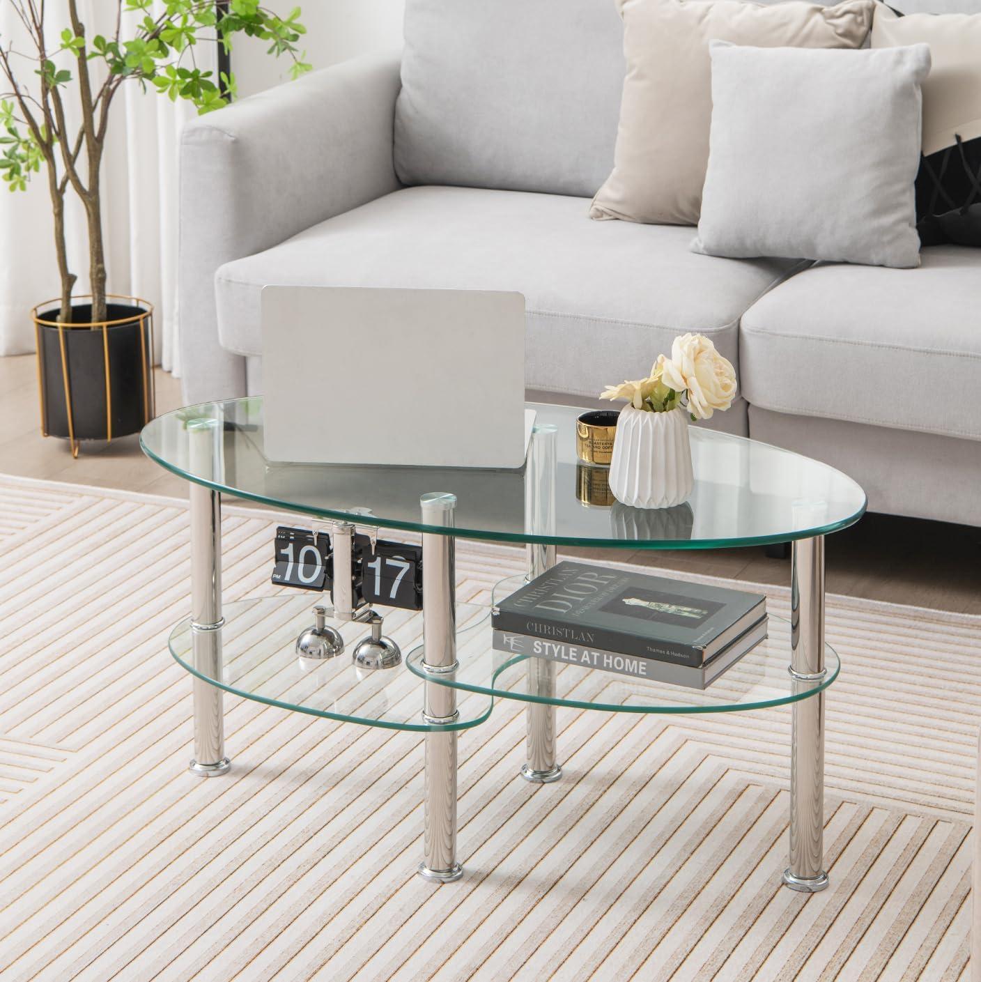 image:imageGiantex Oval Glass Coffee Table 3Tier Transparent Tempered Glass Table WSturdy Chrome Plated Legs Small Sofa Side Table End Table for Living Room Bedroom Office 35 20 18 ClearClear