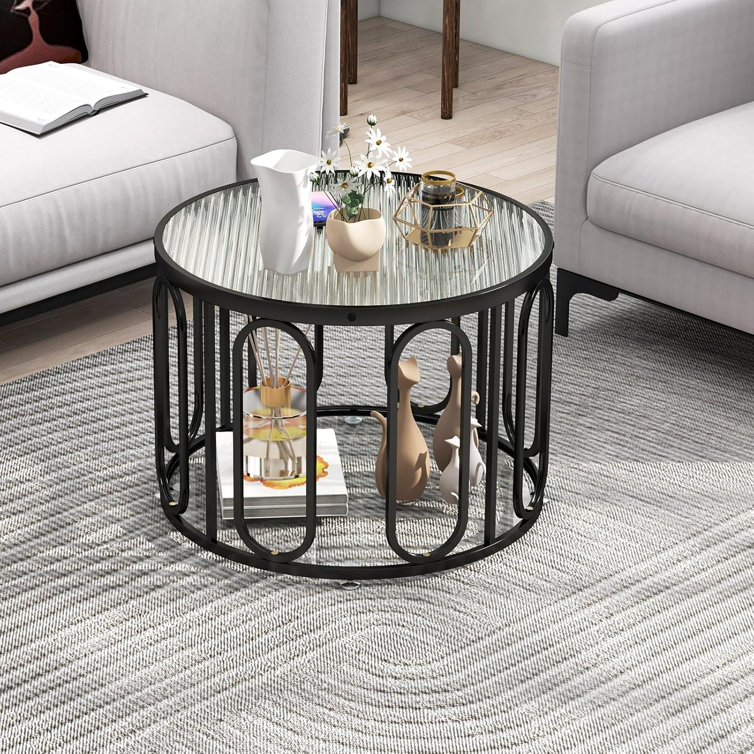 image:imageGiantex Round Glass Coffee Table 2Tier Modern Side Sofa Tea Table with Tempered Glass Top amp Oval Swivel Brackets 24 Circle Cocktail Tables Accent Center Table for Living Room Office BlackBlack