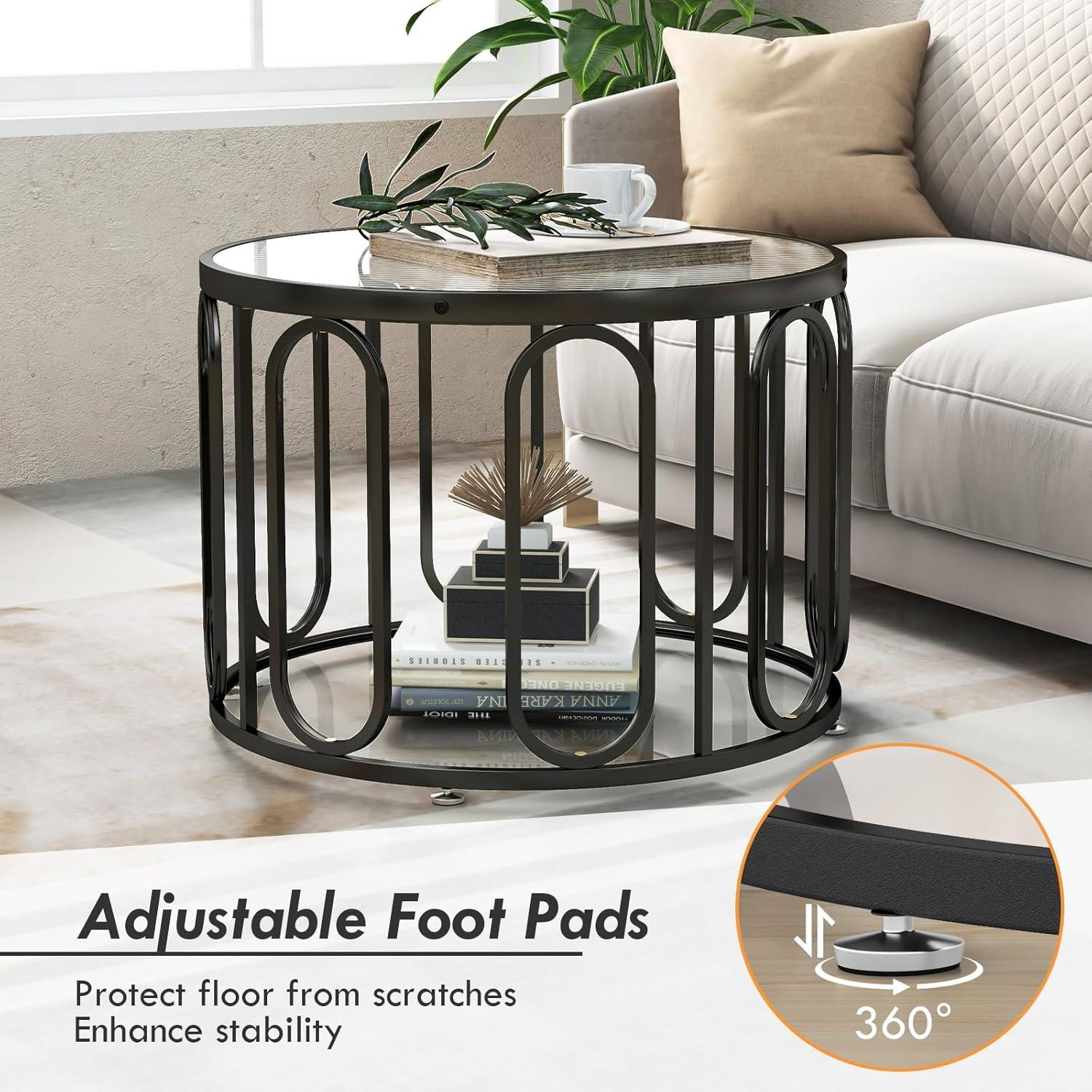 image:imageGiantex Round Glass Coffee Table 2Tier Modern Side Sofa Tea Table with Tempered Glass Top amp Oval Swivel Brackets 24 Circle Cocktail Tables Accent Center Table for Living Room Office BlackBlack