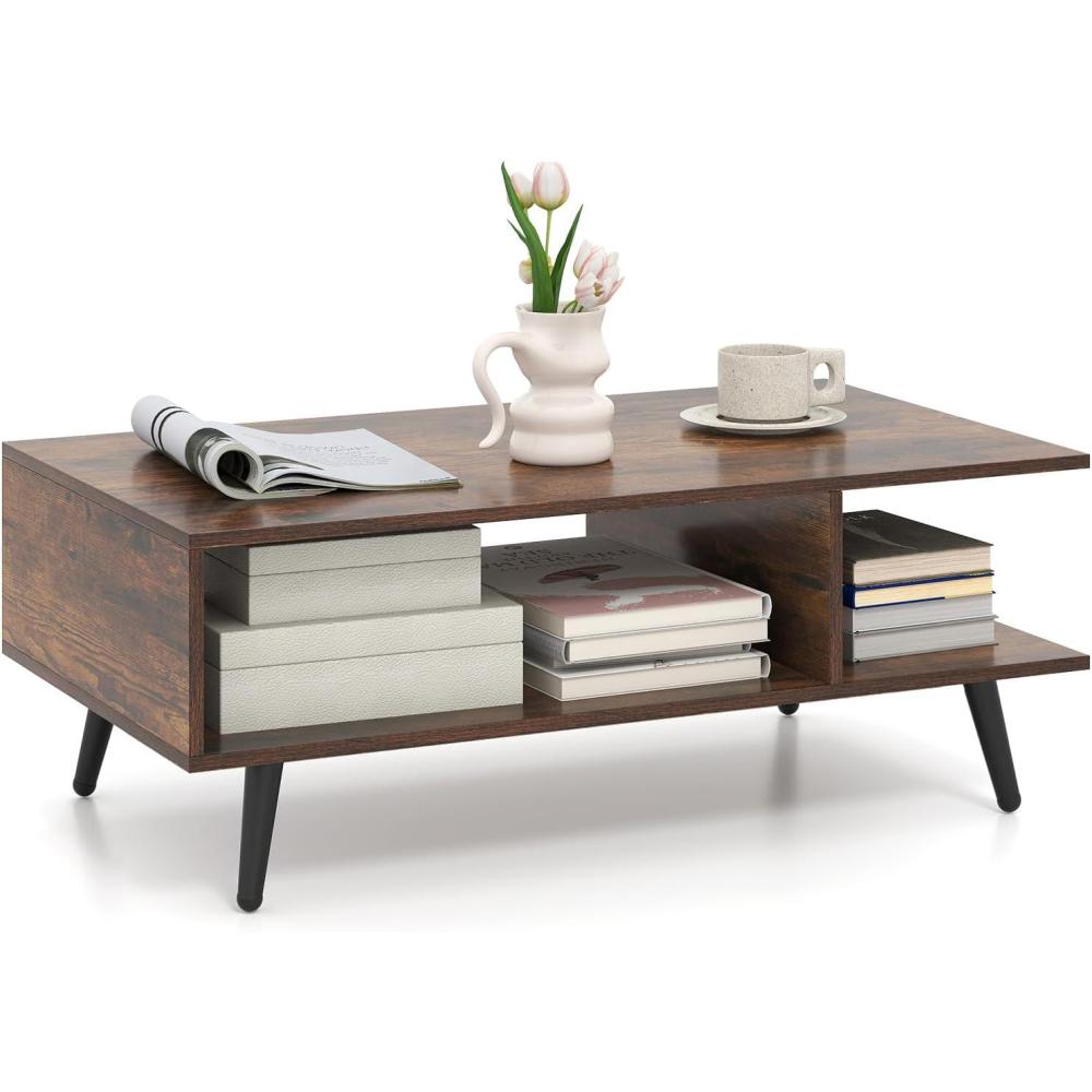 image:imageGiantex Coffee Table with Storage Mid Century Modern Center Table for Living Room Rectangle Tea Table with Open Storage Shelf amp FloorAntiScratching Tapered Metal Legs Rustic Brown Rustic BrownRustic Brown