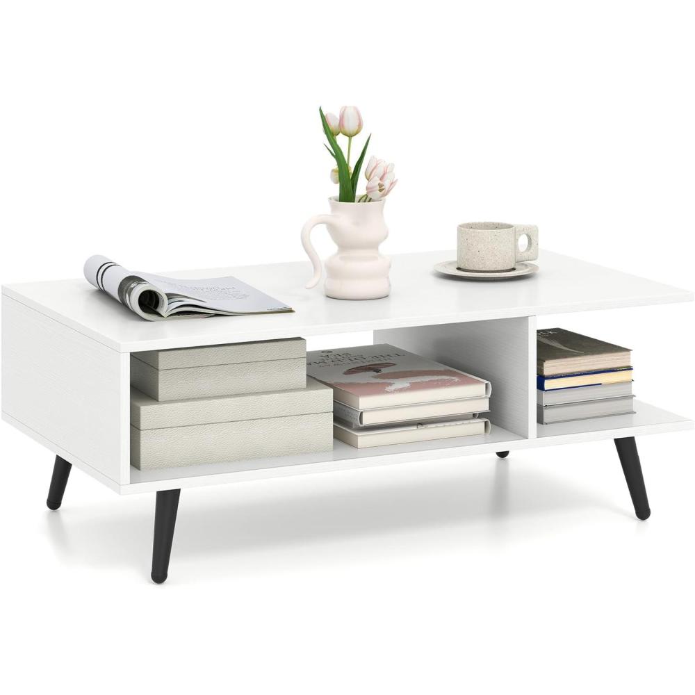 image:imageGiantex Coffee Table with Storage Mid Century Modern Center Table for Living Room Rectangle Tea Table with Open Storage Shelf amp FloorAntiScratching Tapered Metal Legs Rustic Brown Rustic BrownWhite