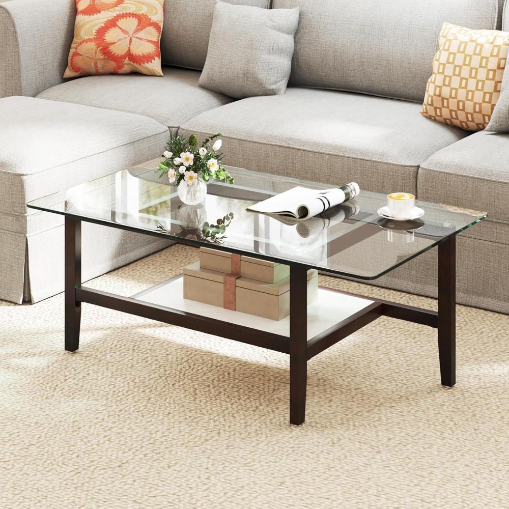 image:imageGiantex Glass Coffee Table 42 Inch 2Tier Rectangular Cocktail Table with Storage Shelf amp Solid Rubber Wood Legs Modern Center Table for Living Room Home Office Brown