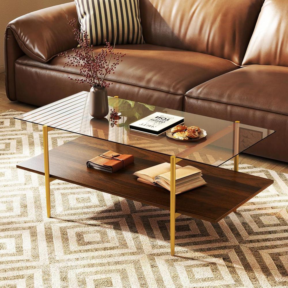 image:imageGiantex Glass Coffee Table Mid Century Modern Center Table with Amber Tampered Glass Tabletop Walnut Storage Shelf amp Golden Legs 2Tier Rectangle Coffee Tables for Living Room Brown