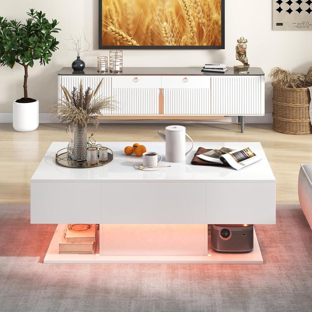 image:imageGiantex Modern LED Coffee Table 2Tier Center Table w 2 Storage Drawers Adjustable Brightness amp Speed 20Color Light 435L Rectangular HighGloss Finished Table for Living Room BlackWhite