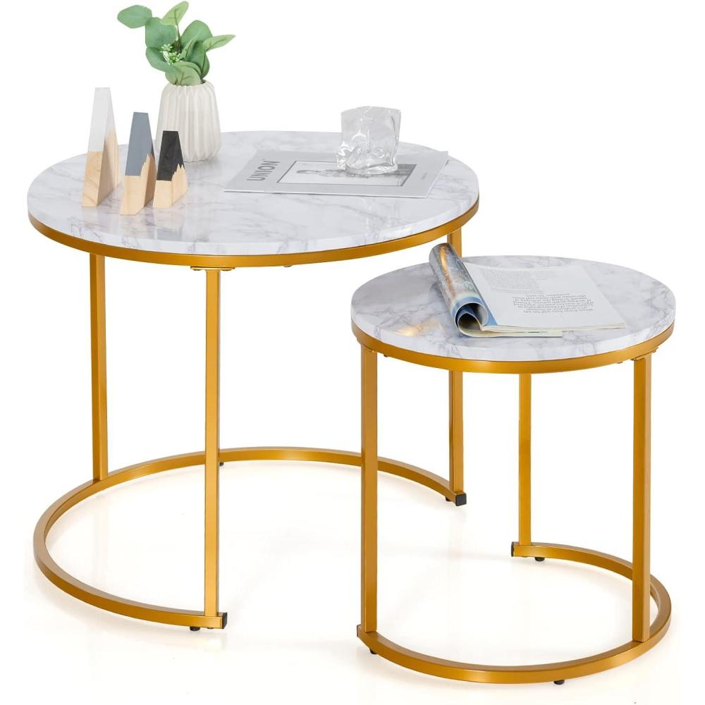 image:imageGiantex Nesting Coffee Table Set of 2 Round Stacking Side Tables with Wooden Tabletop amp Powder Coated Steel Frame Space Saving Vintage End Tables for Living Room Balcony Office GoldenGolden