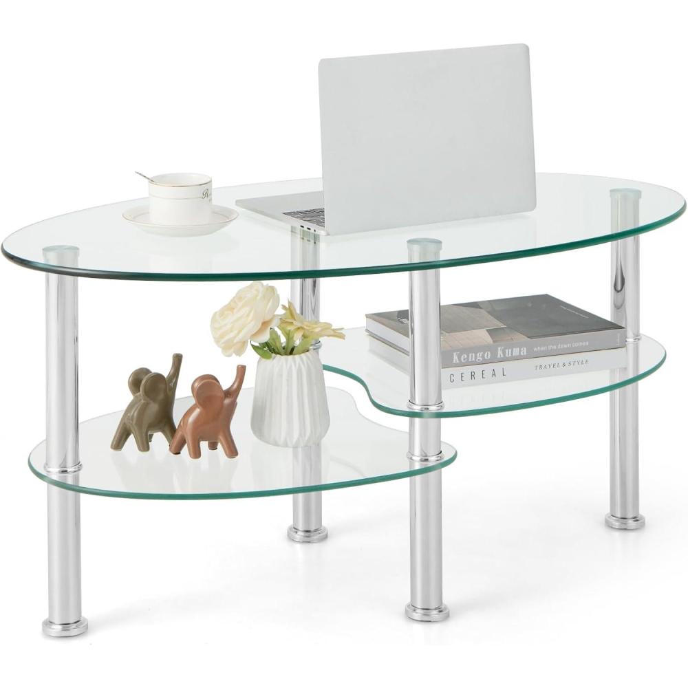 image:imageGiantex Oval Glass Coffee Table 3Tier Transparent Tempered Glass Table WSturdy Chrome Plated Legs Small Sofa Side Table End Table for Living Room Bedroom Office 35 20 18 ClearClear