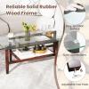 Giantex Glass Coffee Table, 42 Inch 2-Tier Rectangular Cocktail Table with Storage Shelf & Solid Rubber Wood Legs, Modern Center Table for Living Room, Home Office, Brown