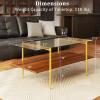 Giantex Glass Coffee Table, Mid Century Modern Center Table with Amber Tampered Glass Tabletop, Walnut Storage Shelf & Golden Legs, 2-Tier Rectangle Coffee Tables for Living Room, Brown