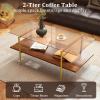 Giantex Glass Coffee Table, Mid Century Modern Center Table with Amber Tampered Glass Tabletop, Walnut Storage Shelf & Golden Legs, 2-Tier Rectangle Coffee Tables for Living Room, Brown