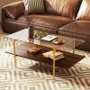 Giantex Glass Coffee Table, Mid Century Modern Center Table with Amber Tampered Glass Tabletop, Walnut Storage Shelf & Golden Legs, 2-Tier Rectangle Coffee Tables for Living Room, Brown