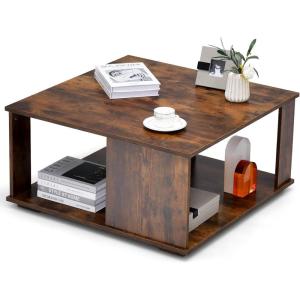 Giantex 32” Square Coffee Table, 2-Tier Wooden Table with Storage Shelf, Industrial Home Accent Table, Mid-Century Center Table Ideal for Living Room, Study Room(Rustic Brown)(Rustic Brown)