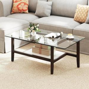 Giantex Glass Coffee Table, 42 Inch 2-Tier Rectangular Cocktail Table with Storage Shelf & Solid Rubber Wood Legs, Modern Center Table for Living Room, Home Office, Brown