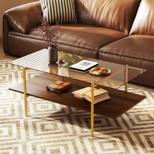Giantex Glass Coffee Table, Mid Century Modern Center Table with Amber Tampered Glass Tabletop, Walnut Storage Shelf & Golden Legs, 2-Tier Rectangle Coffee Tables for Living Room, Brown