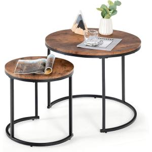 Giantex Nesting Coffee Table Set of 2, Round Stacking Side Tables with Wooden Tabletop & Powder Coated Steel Frame, Space Saving Vintage End Tables for Living Room, Balcony, Office (Golden)(Rustic Brown)