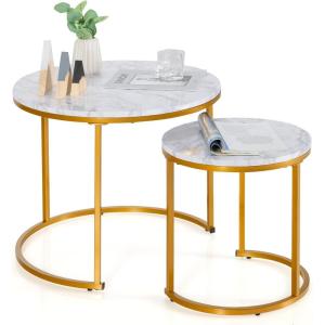 Giantex Nesting Coffee Table Set of 2, Round Stacking Side Tables with Wooden Tabletop & Powder Coated Steel Frame, Space Saving Vintage End Tables for Living Room, Balcony, Office (Golden)(Golden)