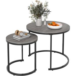 Giantex Nesting Coffee Table Set of 2, Round Stacking Side Tables with Wooden Tabletop & Powder Coated Steel Frame, Space Saving Vintage End Tables for Living Room, Balcony, Office (Golden)(Grey Oak)