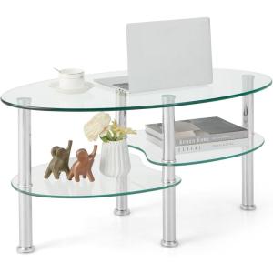 Giantex Oval Glass Coffee Table – 3-Tier Transparent Tempered Glass Table W/Sturdy Chrome Plated Legs, Small Sofa Side Table, End Table for Living Room, Bedroom, Office, 35″× 20″ ×18″ (Clear)(Clear)
