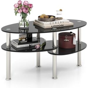 Giantex Oval Glass Coffee Table – 3-Tier Transparent Tempered Glass Table W/Sturdy Chrome Plated Legs, Small Sofa Side Table, End Table for Living Room, Bedroom, Office, 35″× 20″ ×18″ (Clear)(Black)