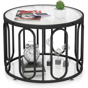 Giantex Round Glass Coffee Table, 2-Tier Modern Side Sofa Tea Table with Tempered Glass Top & Oval Swivel Brackets, 24″ Circle Cocktail Tables, Accent Center Table for Living Room Office (Black)(Black)