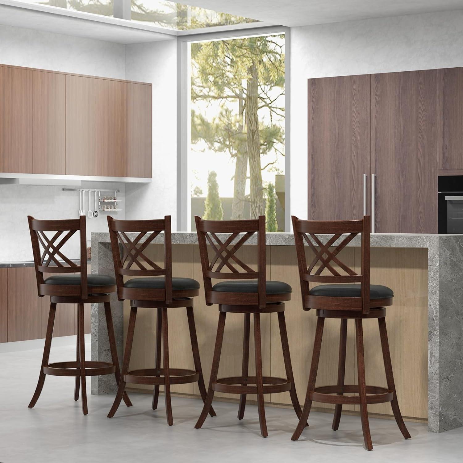 image:imageGiantex 360 Swivel Barstools Set of 2 29 Bar Height Bar Chairs with Back amp Footrest Upholstered Bar Stools with Rubber Wood Frame Suitable for Home Bar Kitchen Counter Espresso1