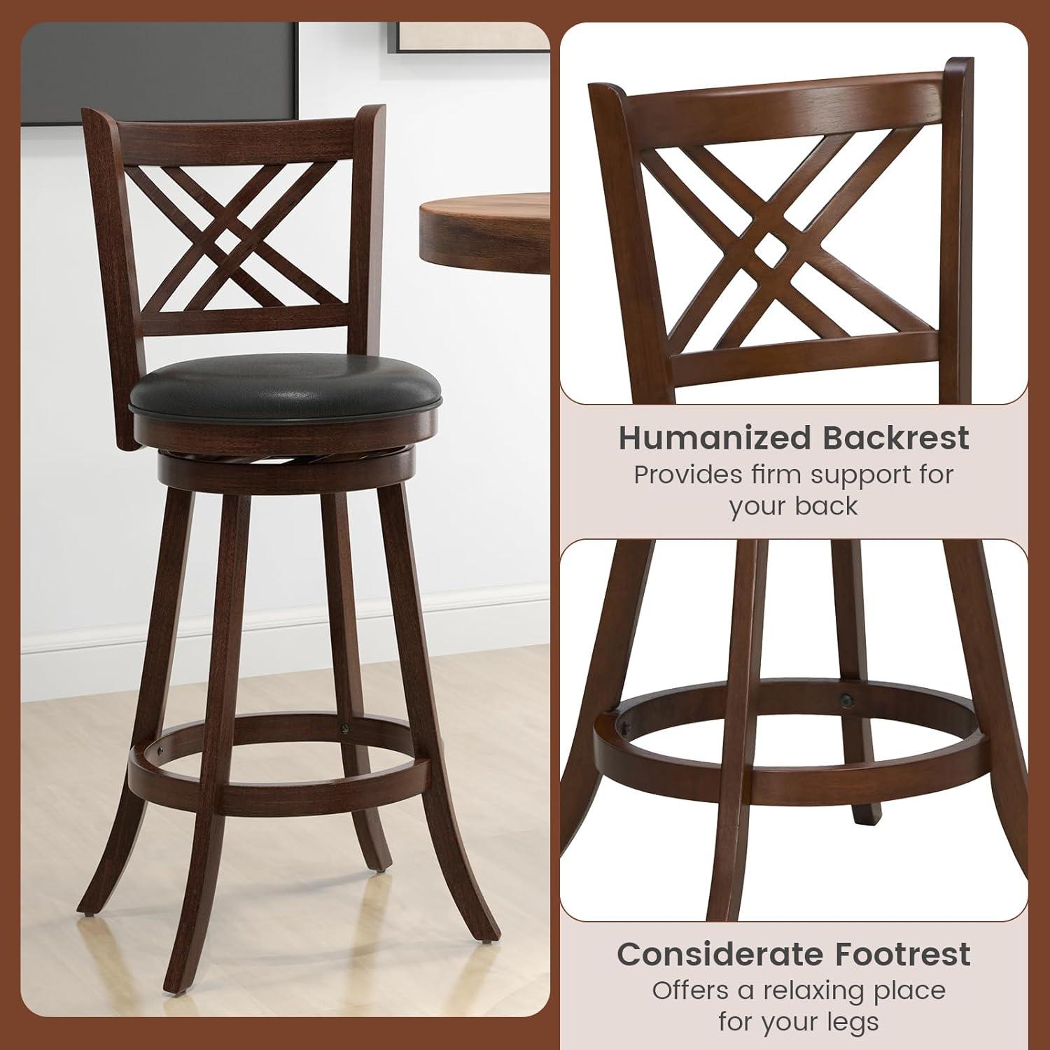 image:imageGiantex 360 Swivel Barstools Set of 2 29 Bar Height Bar Chairs with Back amp Footrest Upholstered Bar Stools with Rubber Wood Frame Suitable for Home Bar Kitchen Counter Espresso1