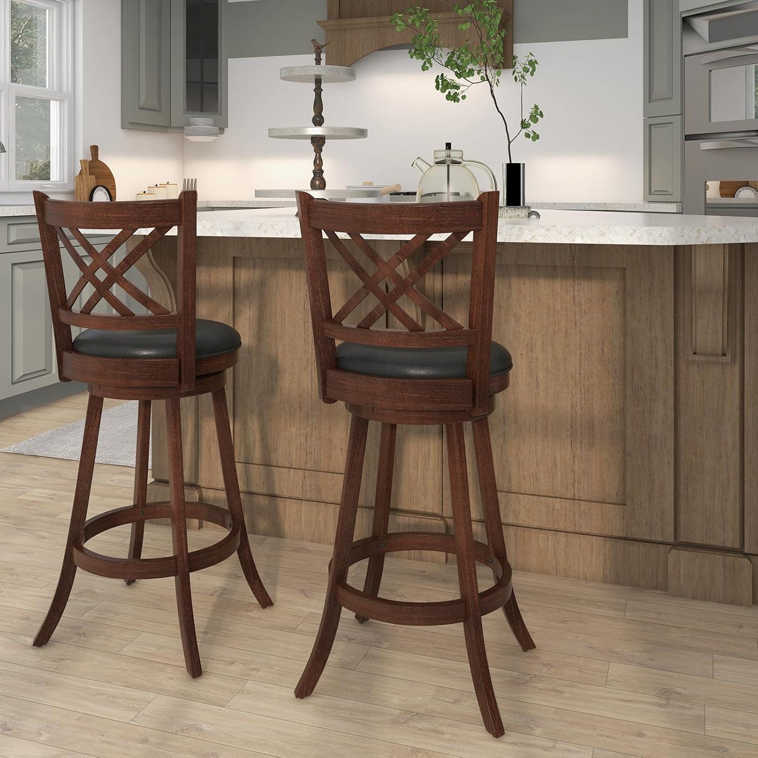 image:imageGiantex 360 Swivel Barstools Set of 2 29 Bar Height Bar Chairs with Back amp Footrest Upholstered Bar Stools with Rubber Wood Frame Suitable for Home Bar Kitchen Counter Espresso1