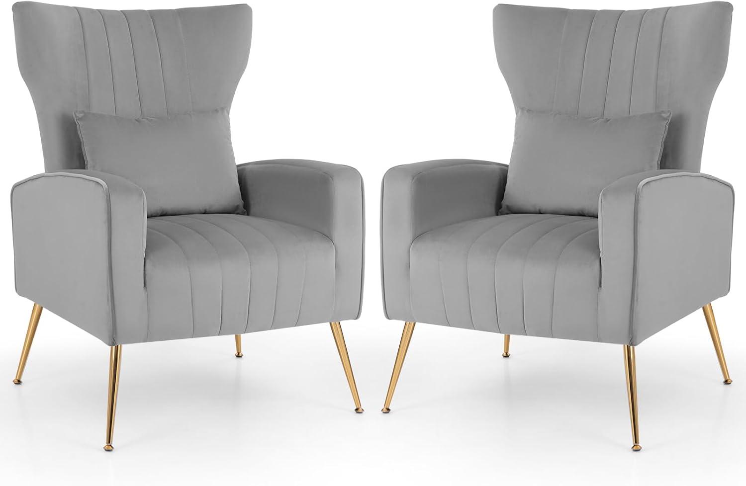 image:imageGiantex Velvet Accent Chair with Lumbar Pillow Upholstered Tufted Wingback Arm Chair wGolden Metal Legs Mid Century Modern Single Sofa Chair for Living Room Bedroom Max Load 400 LBS PinkGrey