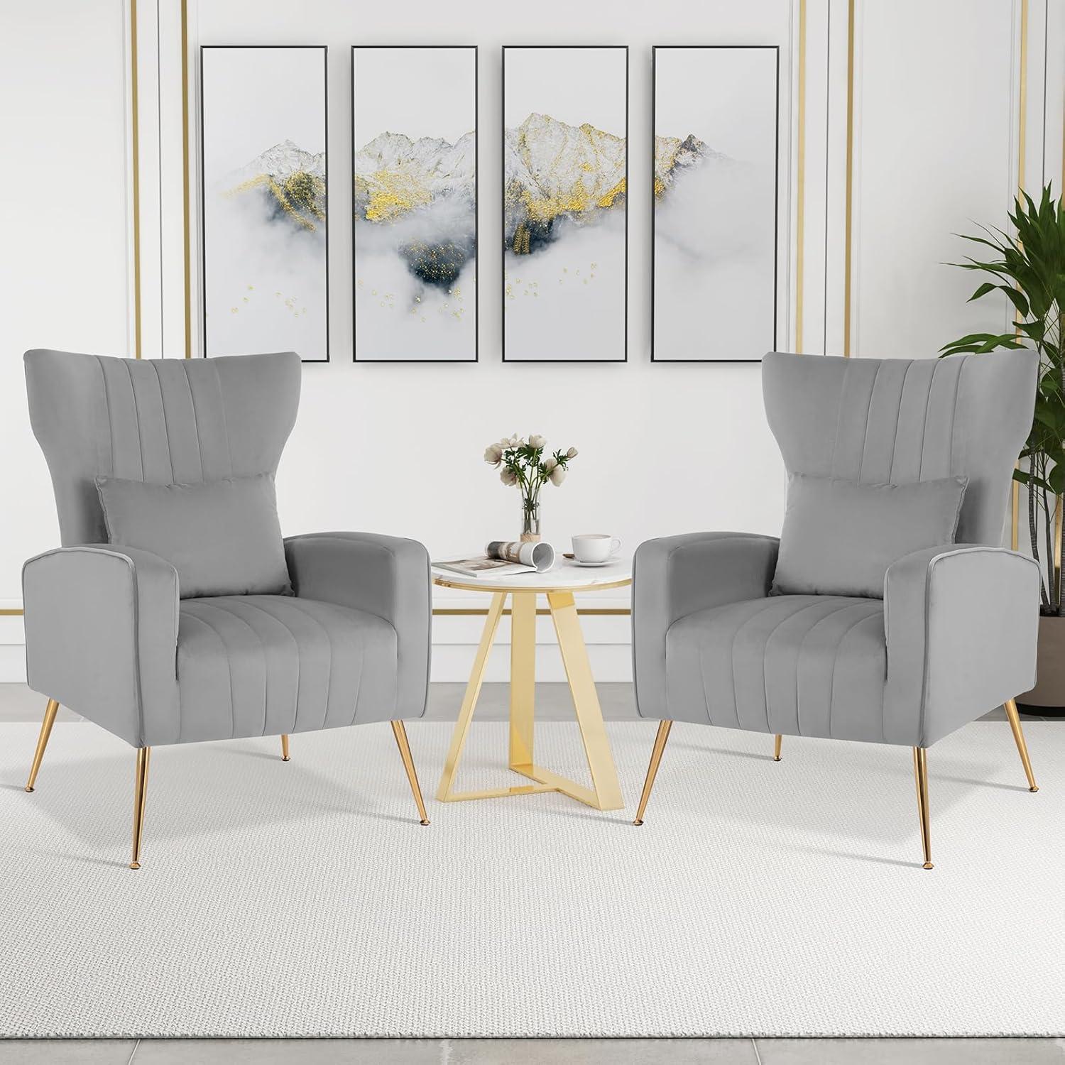 image:imageGiantex Velvet Accent Chair with Lumbar Pillow Upholstered Tufted Wingback Arm Chair wGolden Metal Legs Mid Century Modern Single Sofa Chair for Living Room Bedroom Max Load 400 LBS PinkGrey