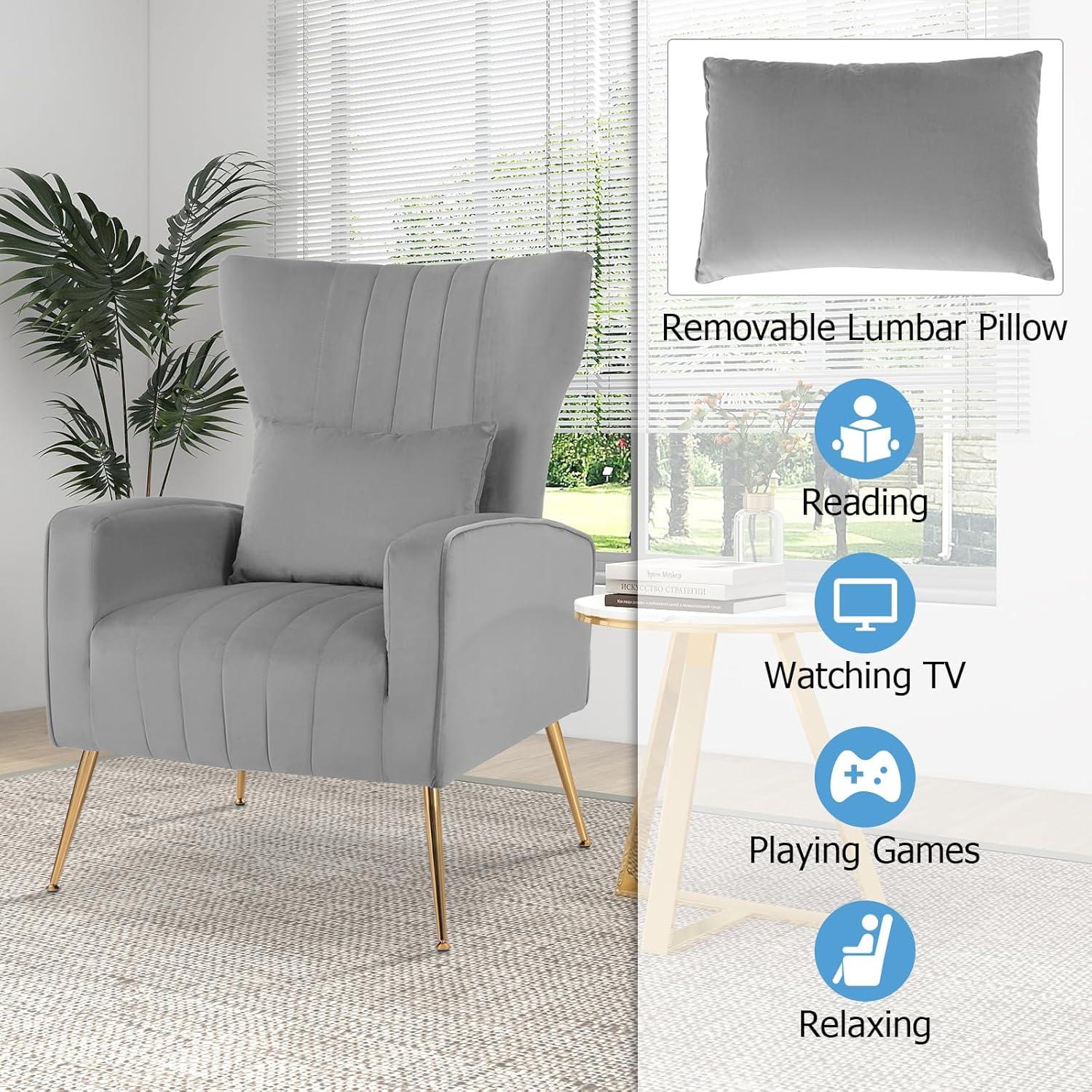 image:imageGiantex Velvet Accent Chair with Lumbar Pillow Upholstered Tufted Wingback Arm Chair wGolden Metal Legs Mid Century Modern Single Sofa Chair for Living Room Bedroom Max Load 400 LBS PinkGrey