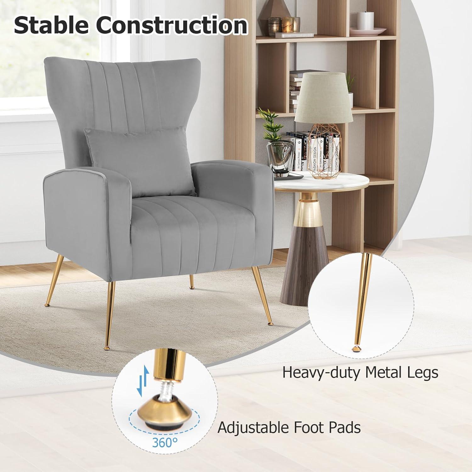 image:imageGiantex Velvet Accent Chair with Lumbar Pillow Upholstered Tufted Wingback Arm Chair wGolden Metal Legs Mid Century Modern Single Sofa Chair for Living Room Bedroom Max Load 400 LBS PinkGrey