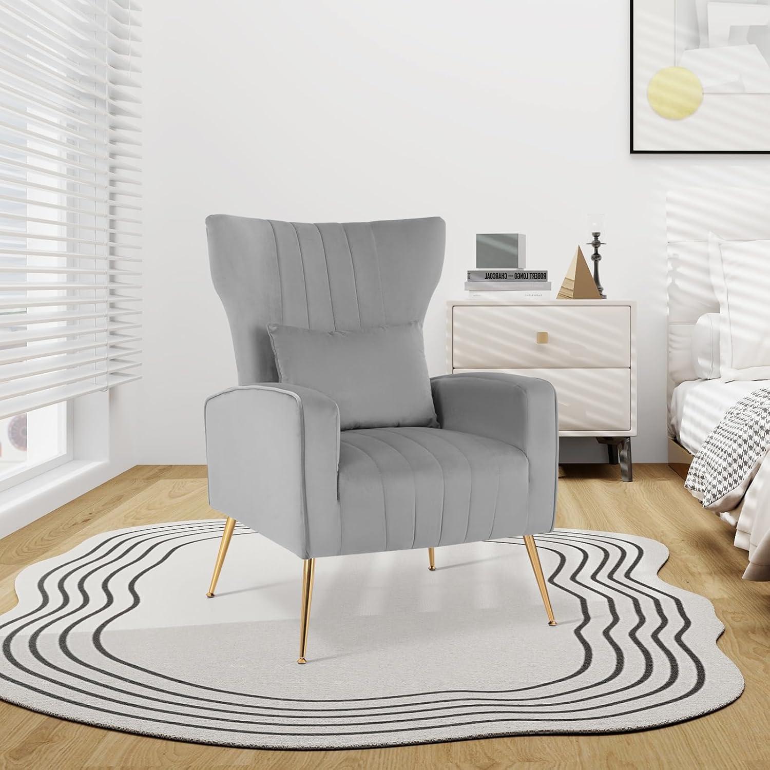 image:imageGiantex Velvet Accent Chair with Lumbar Pillow Upholstered Tufted Wingback Arm Chair wGolden Metal Legs Mid Century Modern Single Sofa Chair for Living Room Bedroom Max Load 400 LBS PinkGrey