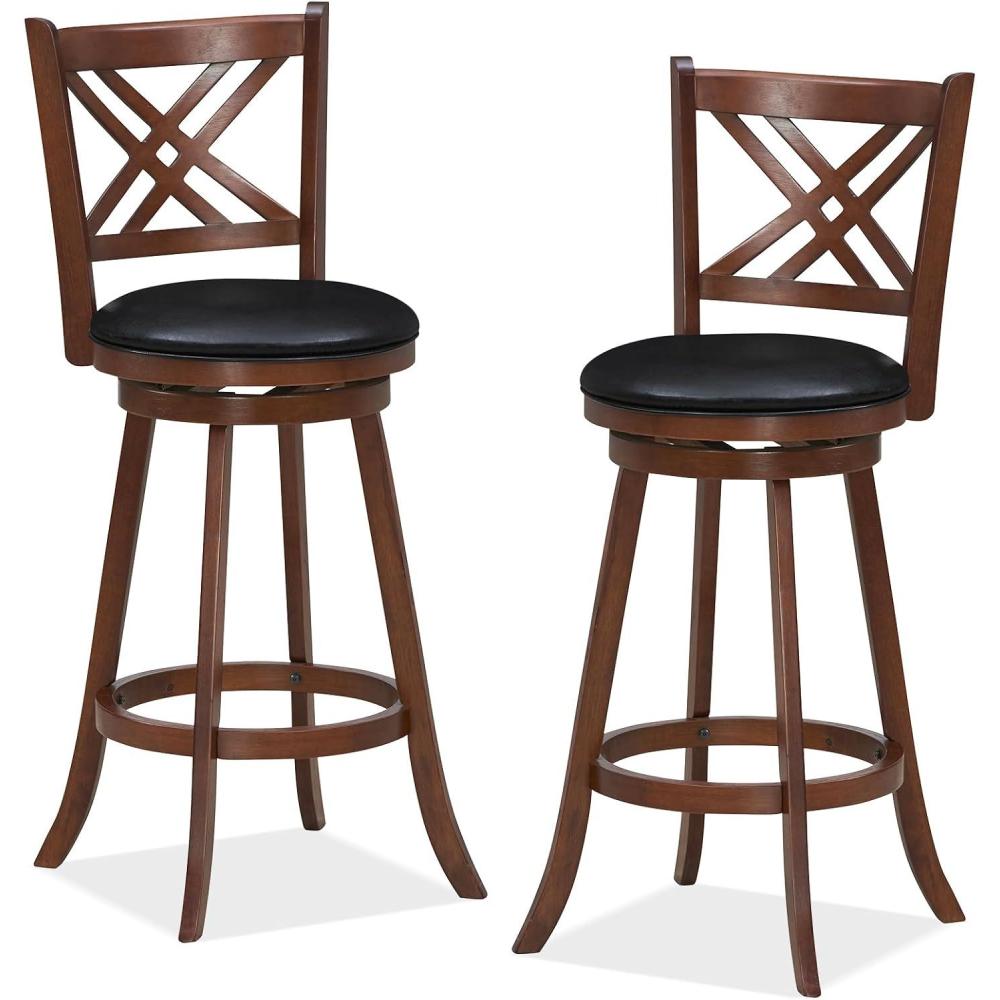 image:imageGiantex 360 Swivel Barstools Set of 2 29 Bar Height Bar Chairs with Back amp Footrest Upholstered Bar Stools with Rubber Wood Frame Suitable for Home Bar Kitchen Counter Espresso1