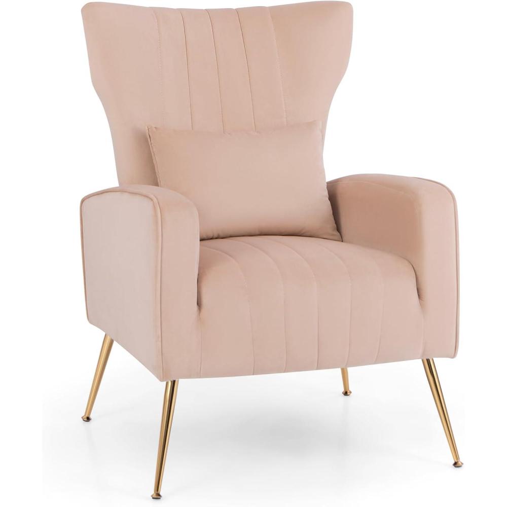 image:imageGiantex Velvet Accent Chair with Lumbar Pillow Upholstered Tufted Wingback Arm Chair wGolden Metal Legs Mid Century Modern Single Sofa Chair for Living Room Bedroom Max Load 400 LBS PinkPink